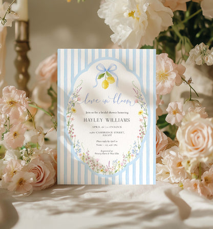 Floral-themed baby shower invitation card with striped border surrounded by pink flowers. Printable Love In Bloom Shower Invitation Template, Something Blue Bridal Shower Invite, Spring Wildflower Bridal Brunch Evite, Posey