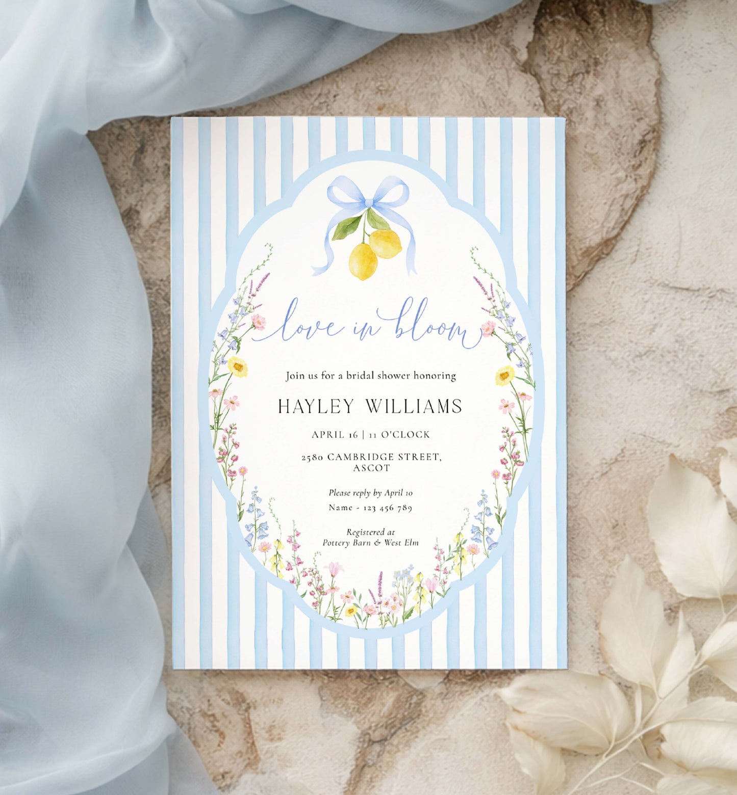 Invitation card with floral design and lemon illustration on a striped background. Printable Love In Bloom Shower Invitation Template, Something Blue Bridal Shower Invite, Spring Wildflower Bridal Brunch Evite, Posey