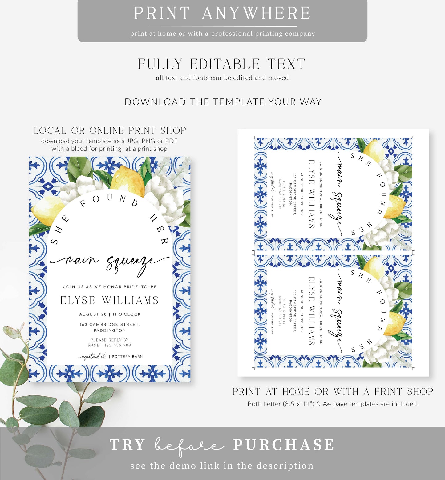 The Med Lemons | Printable Main Squeeze Bridal Shower Invitation Template