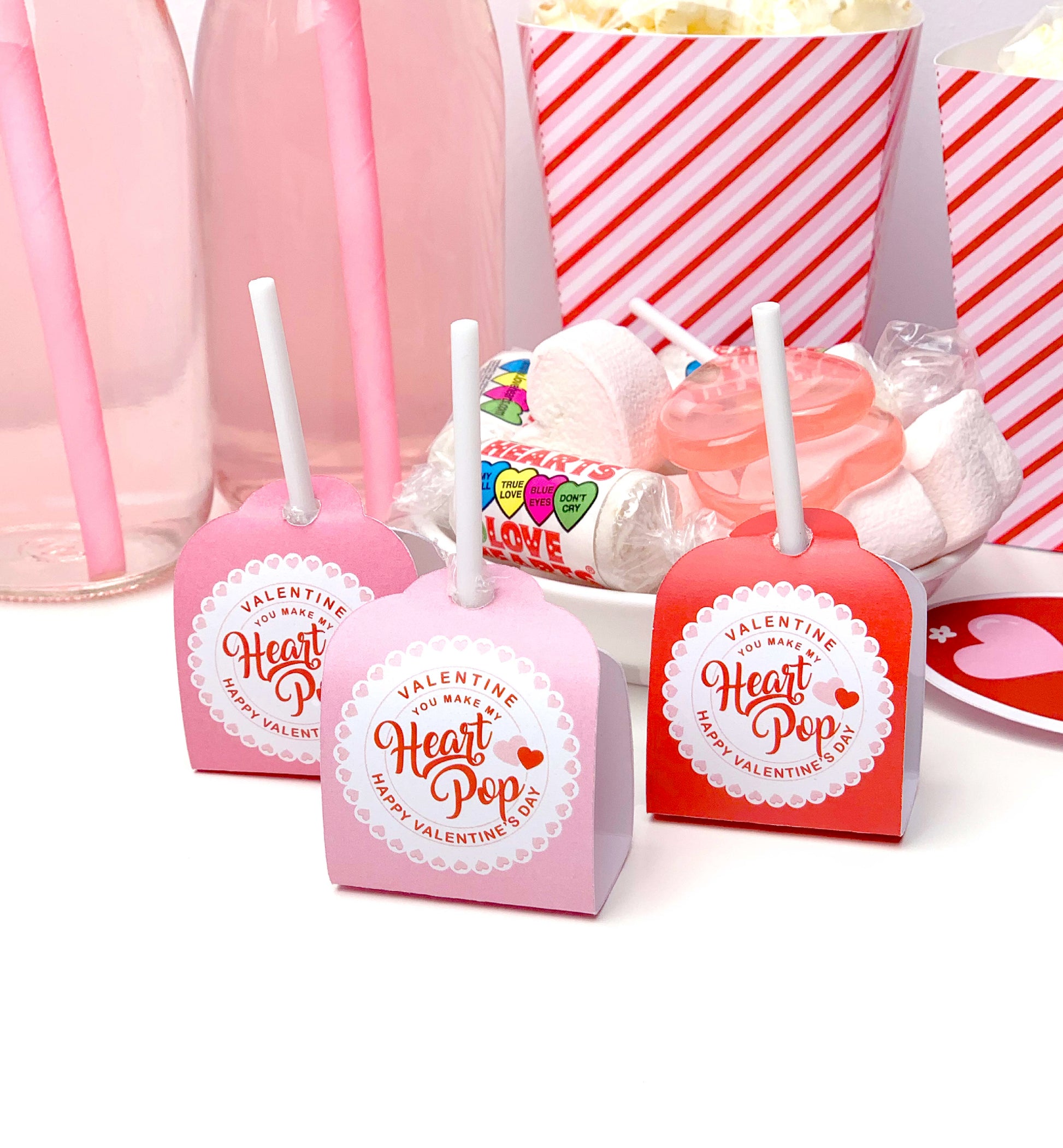 Printable Valentine's Day Lollipop Tags Template, You Make My Heart Pop Lollipop Tag, Sucker Tag, Kids Classroom Valentines, Pink Red Stripe