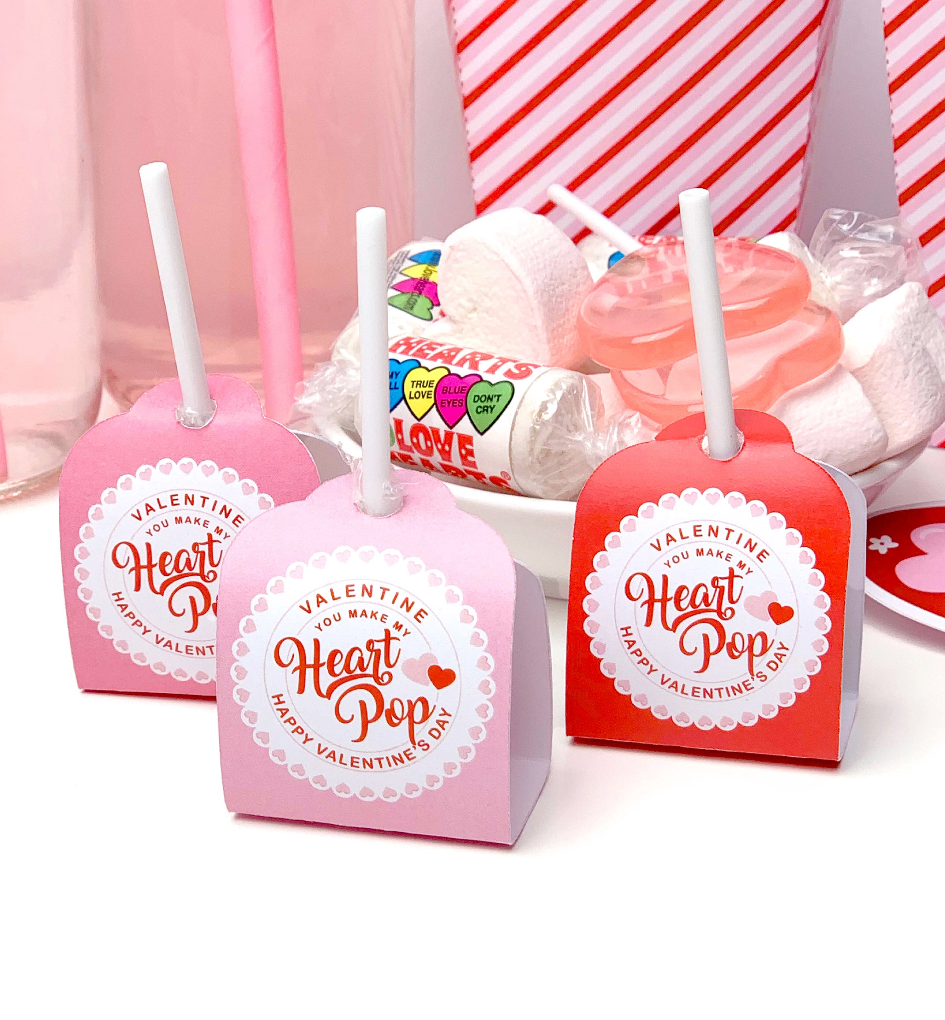 Printable Valentine's Day Lollipop Tags Template, You Make My Heart Pop Lollipop Tag, Sucker Tag, Kids Classroom Valentines, Pink Red Stripe