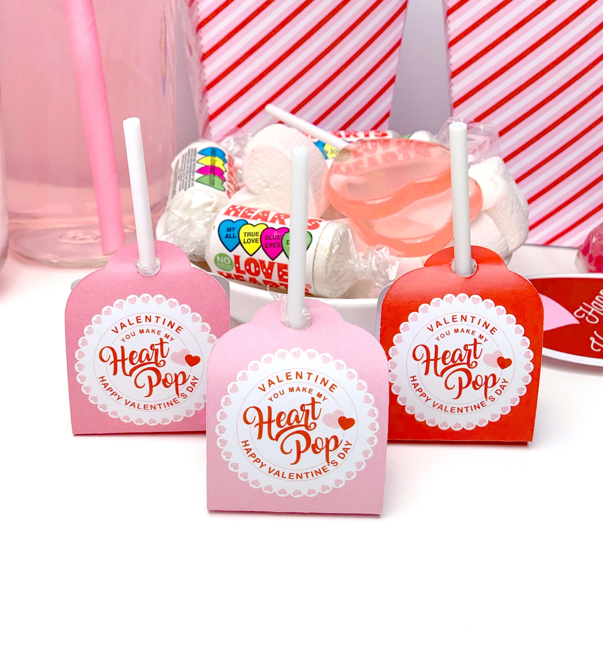 Printable Valentine's Day Lollipop Tags Template, You Make My Heart Pop Lollipop Tag, Sucker Tag, Kids Classroom Valentines, Pink Red Stripe