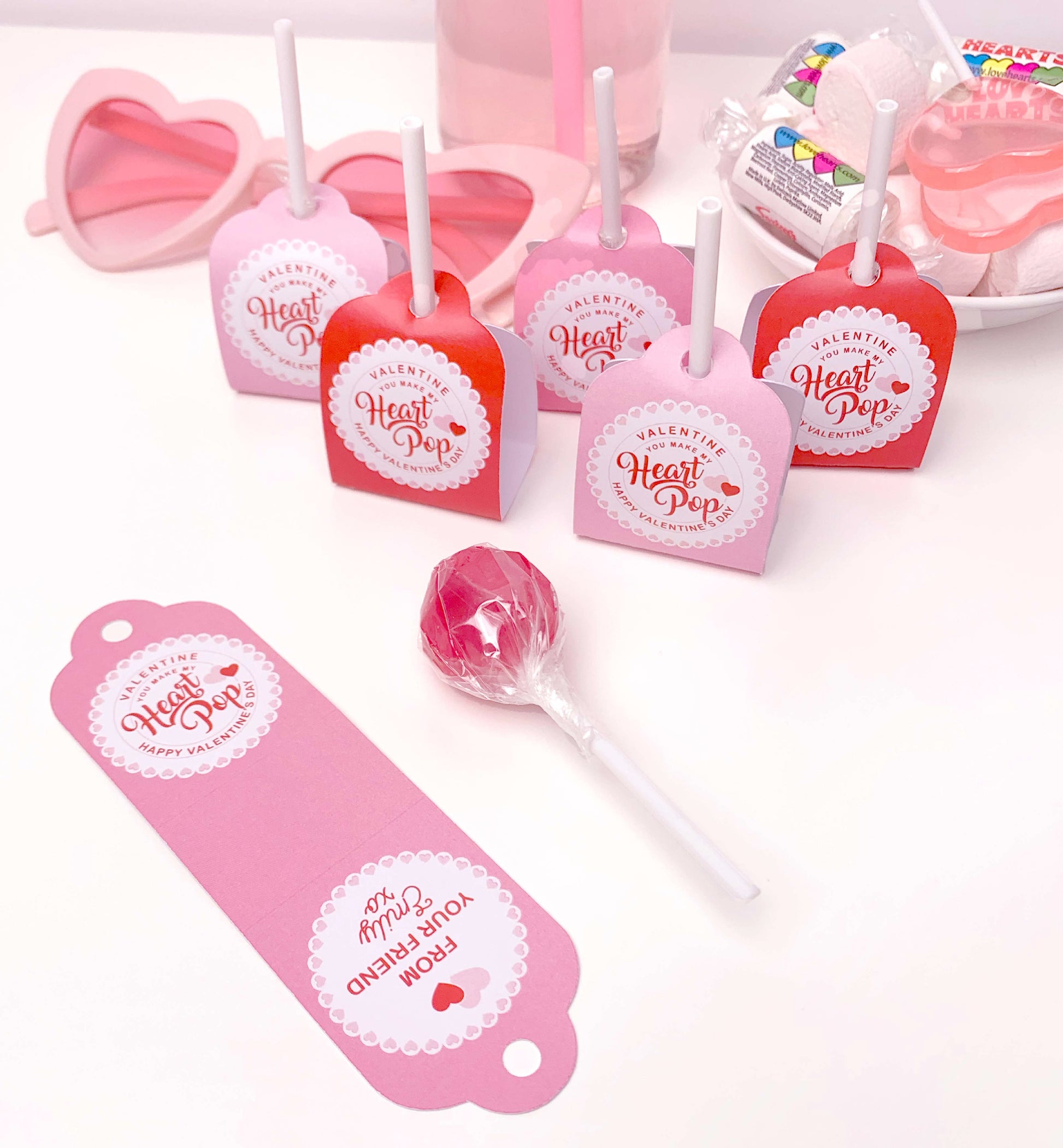 Printable Valentine's Day Lollipop Tags Template, You Make My Heart Pop Lollipop Tag, Sucker Tag, Kids Classroom Valentines, Pink Red Stripe
