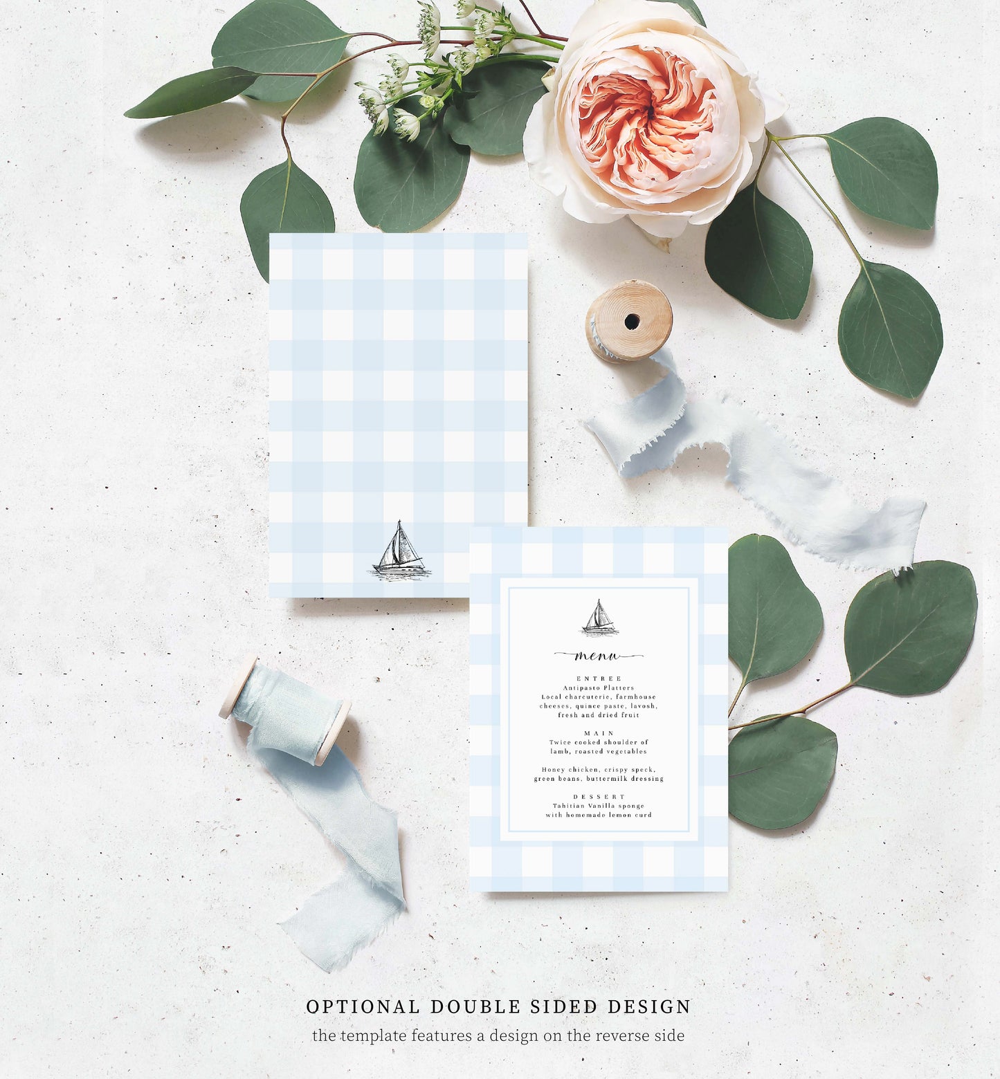 Gingham Blue Sailing Boat | Printable Menu Template