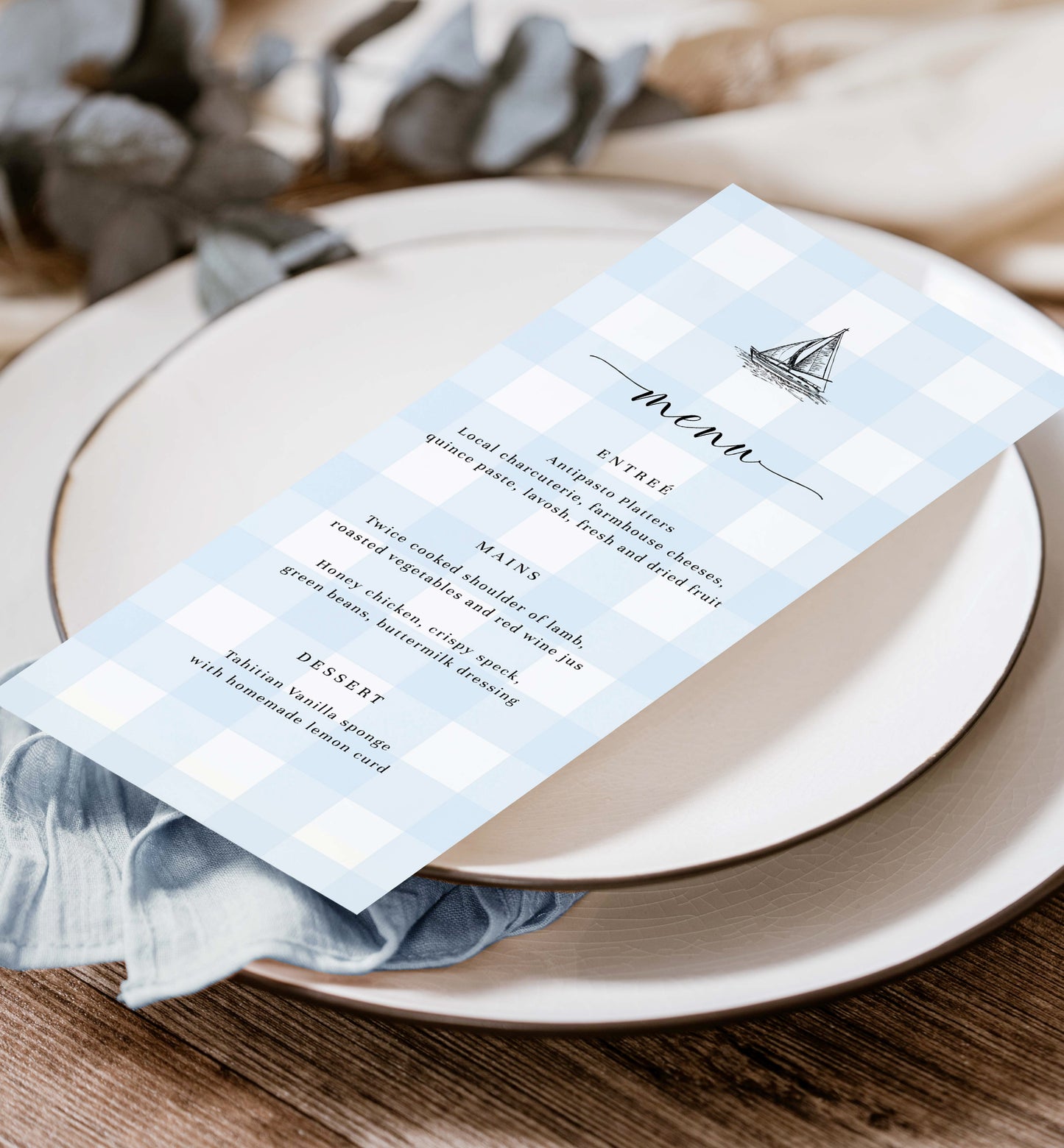 Gingham Blue Sailing Boat | Printable Menu Template