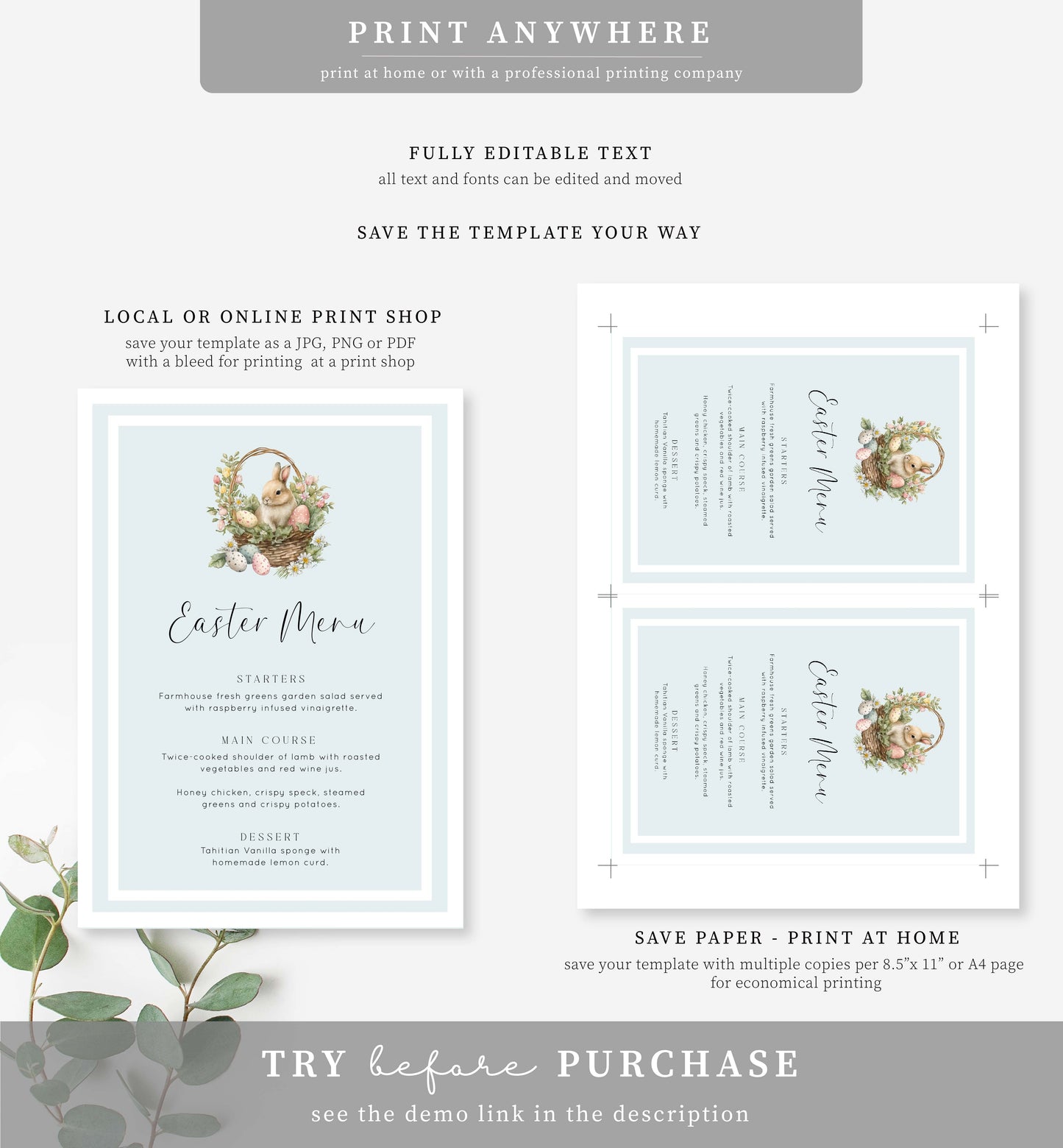 Easter Egg Blue | Printable Menu Template