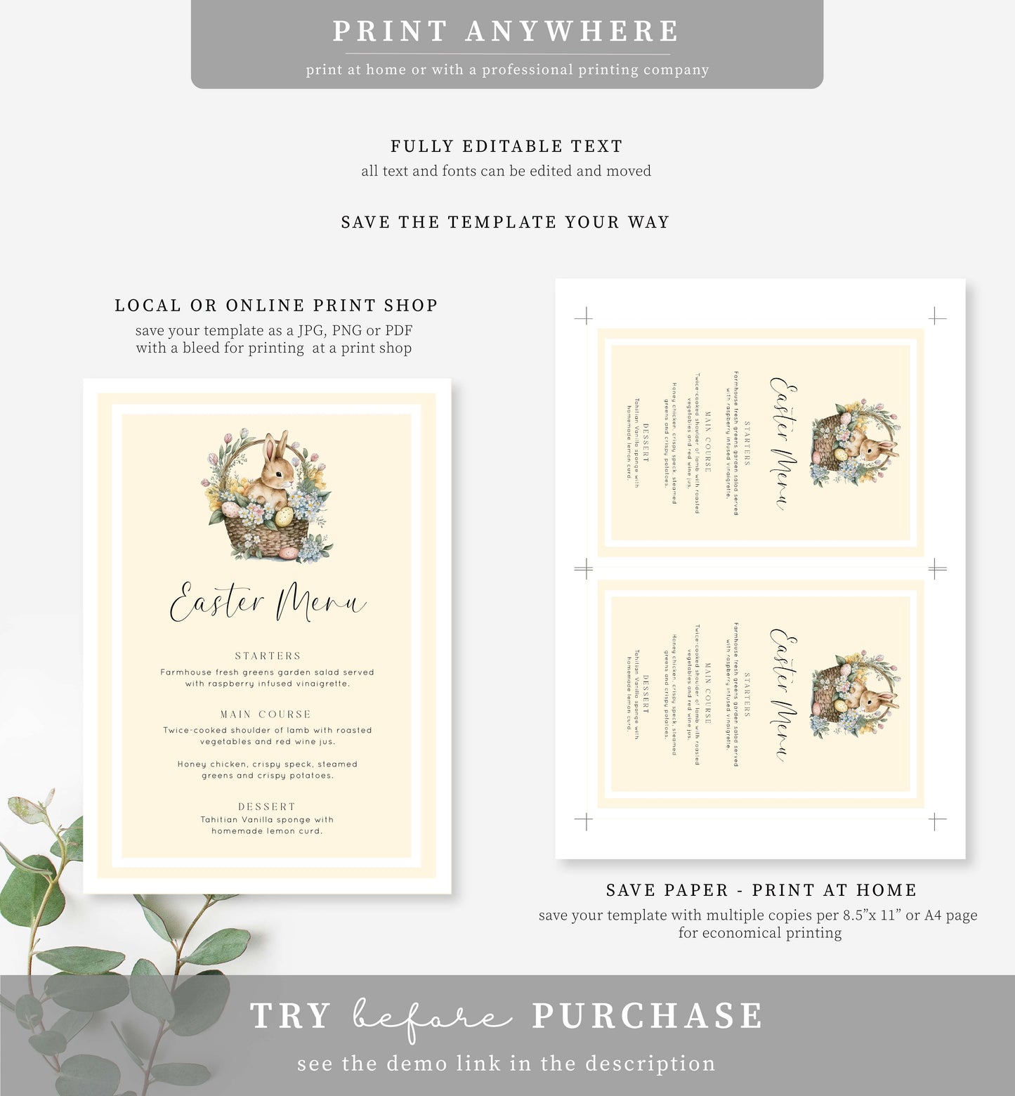 Easter Yellow | Printable Menu Template