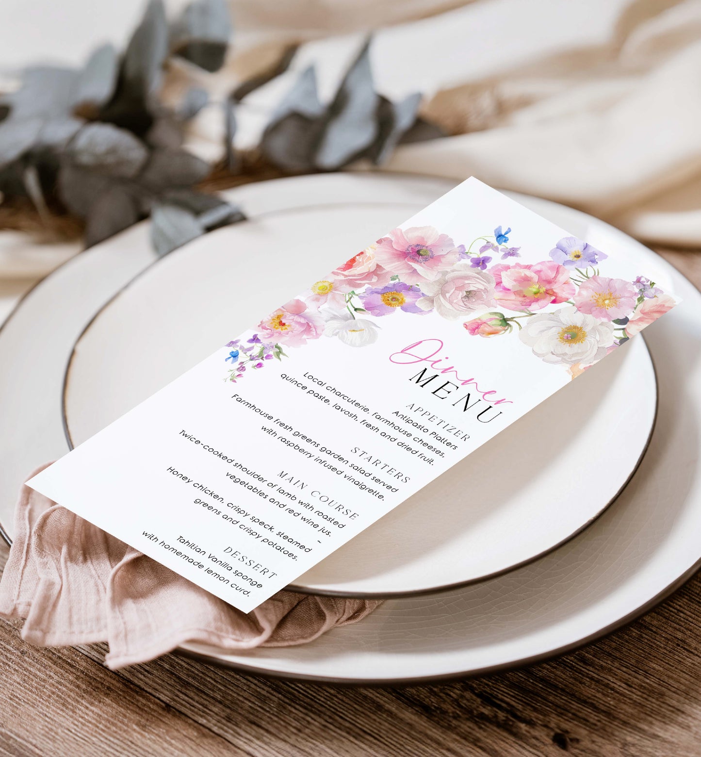 Hot Pink Wildflowers Menu, Printable Brunch Menu, Bridal Shower Lunch Menu, Girls Lunch Menu, Baby Shower Menu, Birthday Menu, Eloise