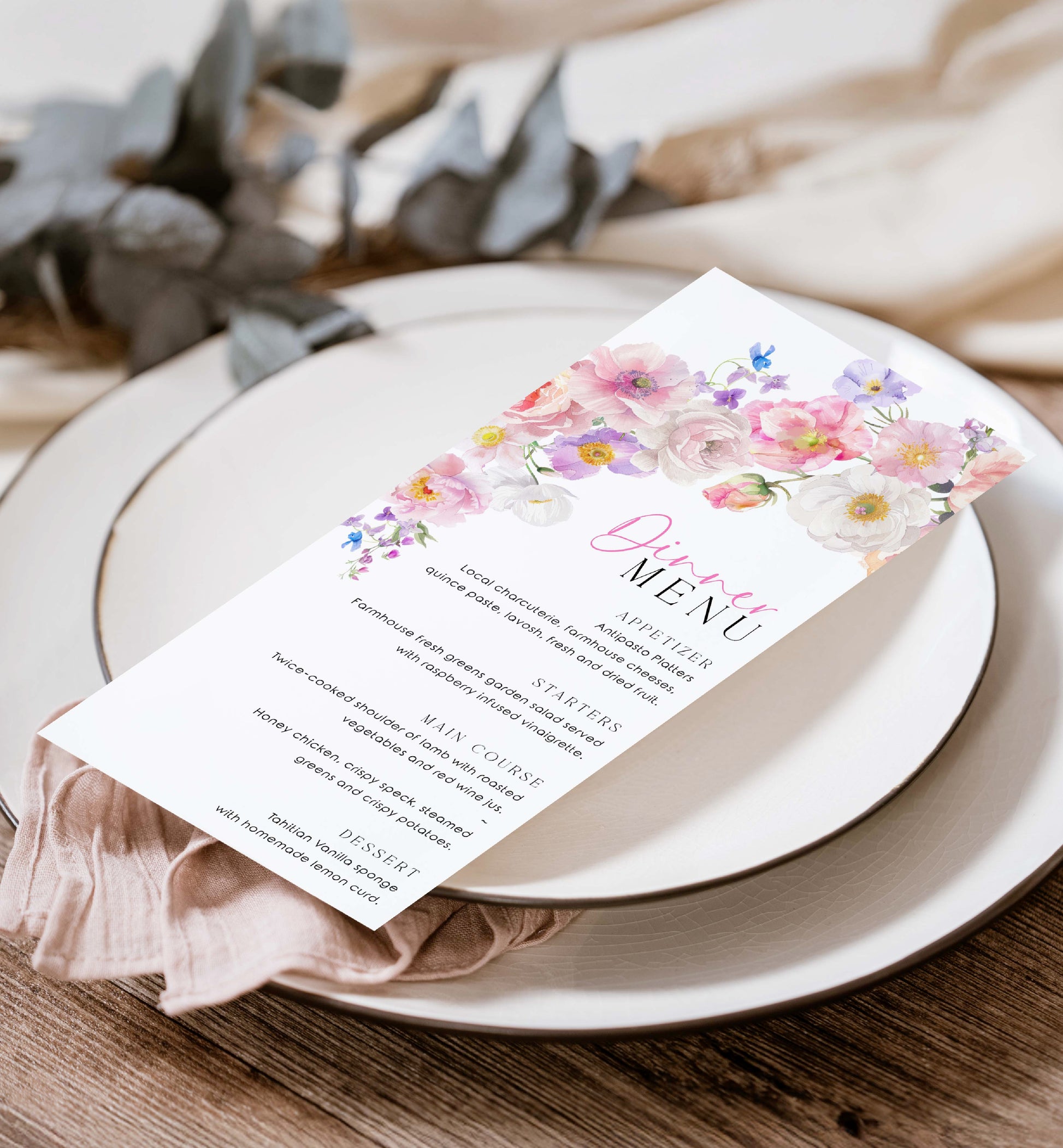 Hot Pink Wildflowers Menu, Printable Brunch Menu, Bridal Shower Lunch Menu, Girls Lunch Menu, Baby Shower Menu, Birthday Menu, Eloise