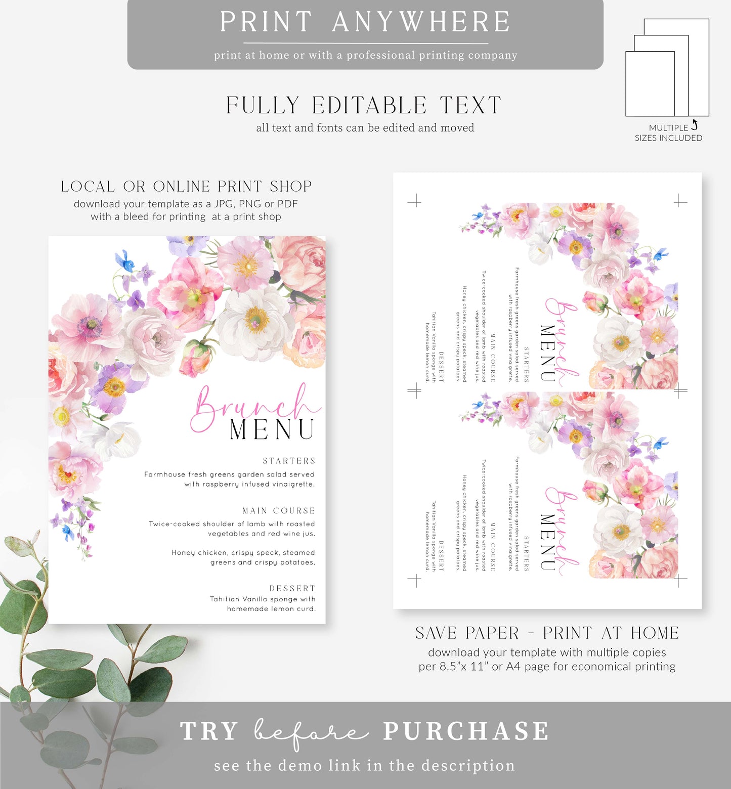 Eloise Floral | Printable Menu Template
