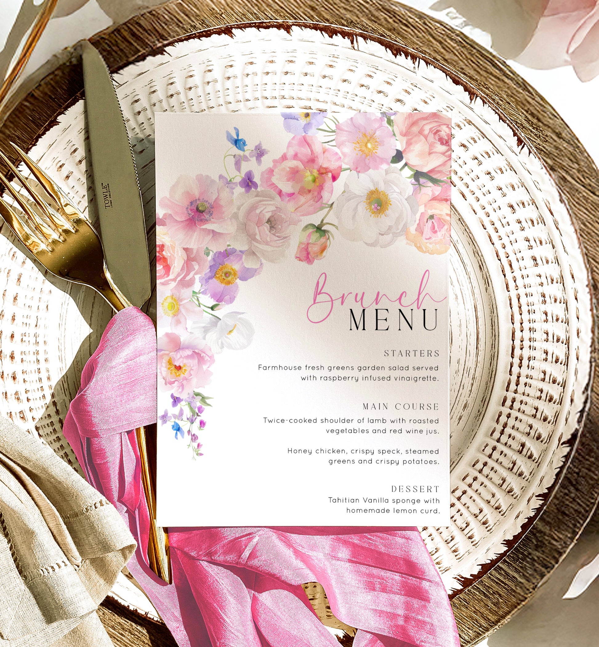 Hot Pink Wildflowers Menu, Printable Brunch Menu, Bridal Shower Lunch Menu, Girls Lunch Menu, Baby Shower Menu, Birthday Menu, Eloise