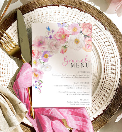 Hot Pink Wildflowers Menu, Printable Brunch Menu, Bridal Shower Lunch Menu, Girls Lunch Menu, Baby Shower Menu, Birthday Menu, Eloise