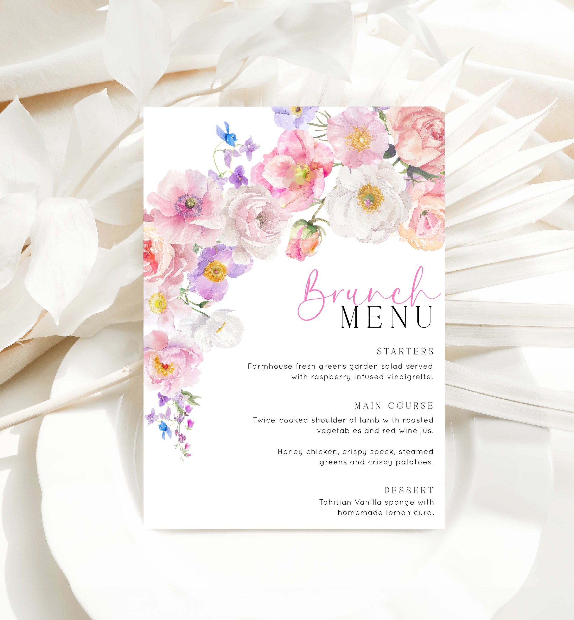 Hot Pink Wildflowers Menu, Printable Brunch Menu, Bridal Shower Lunch Menu, Girls Lunch Menu, Baby Shower Menu, Birthday Menu, Eloise