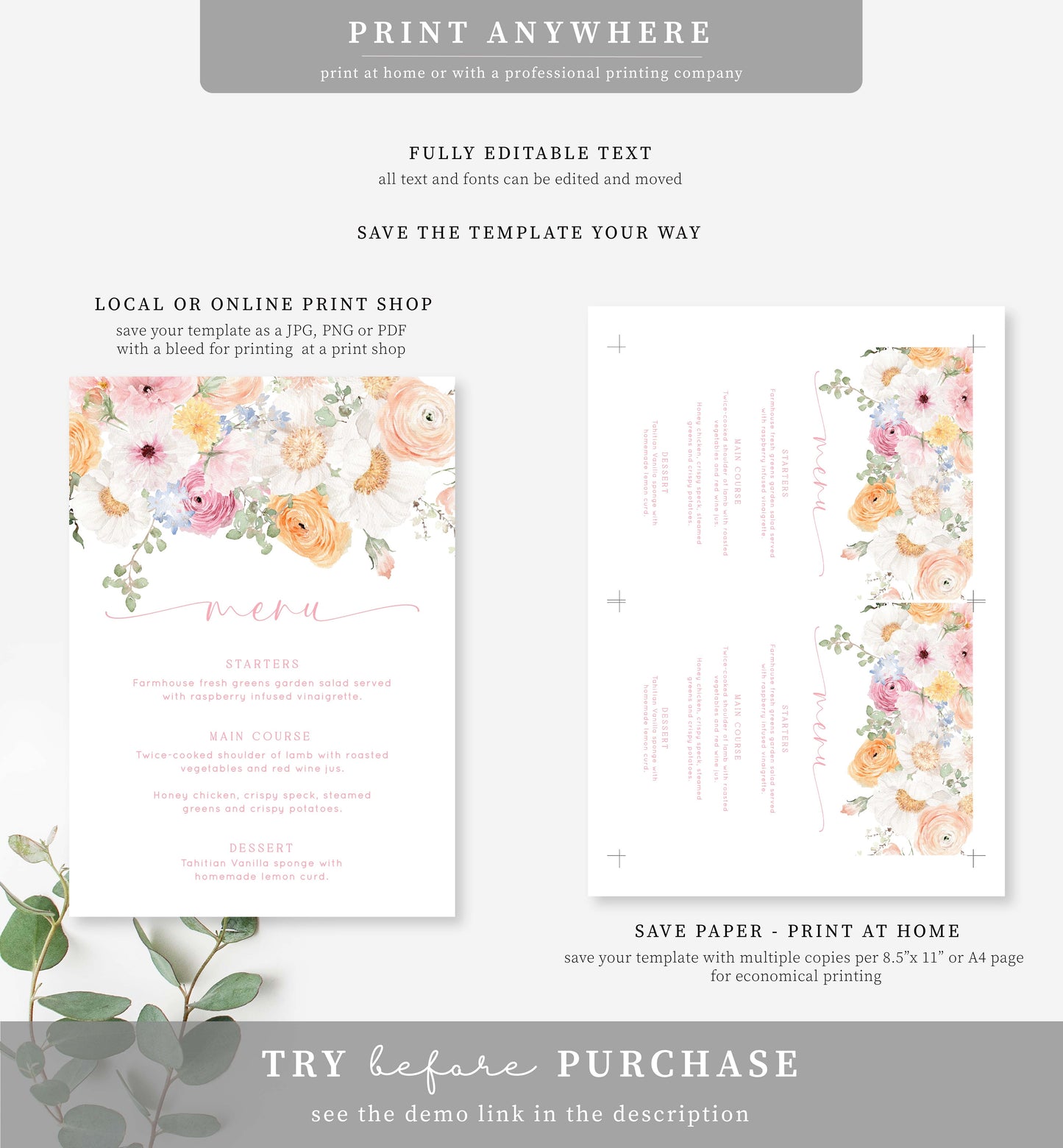 Millie Floral White | Printable Menu Template