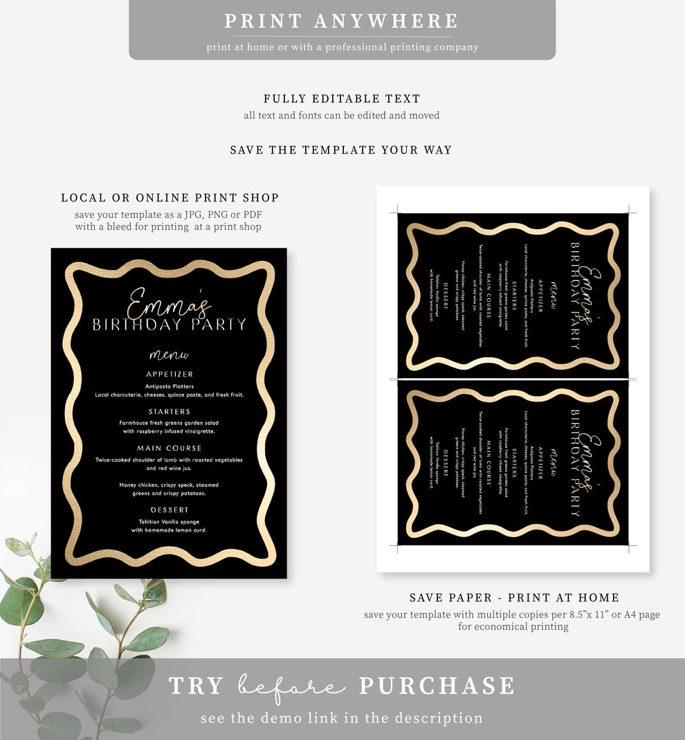 Wave Black Gold | Printable Menu Template – Black Bow Studio