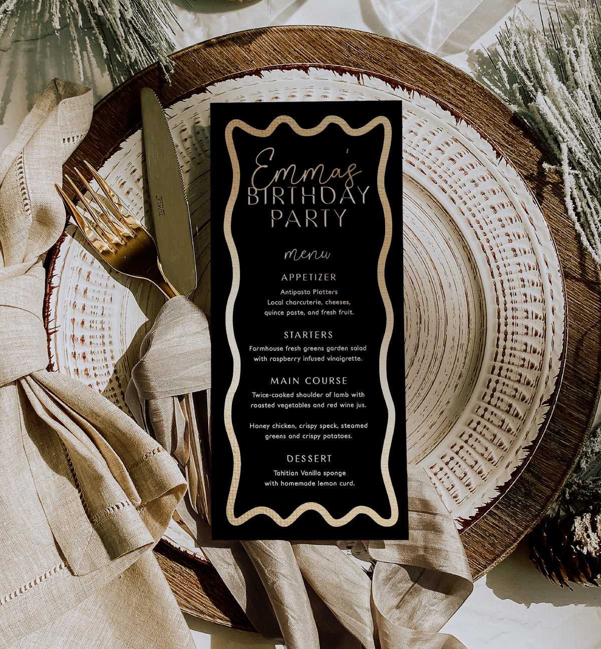 Wave Black Gold | Printable Menu Template – Black Bow Studio