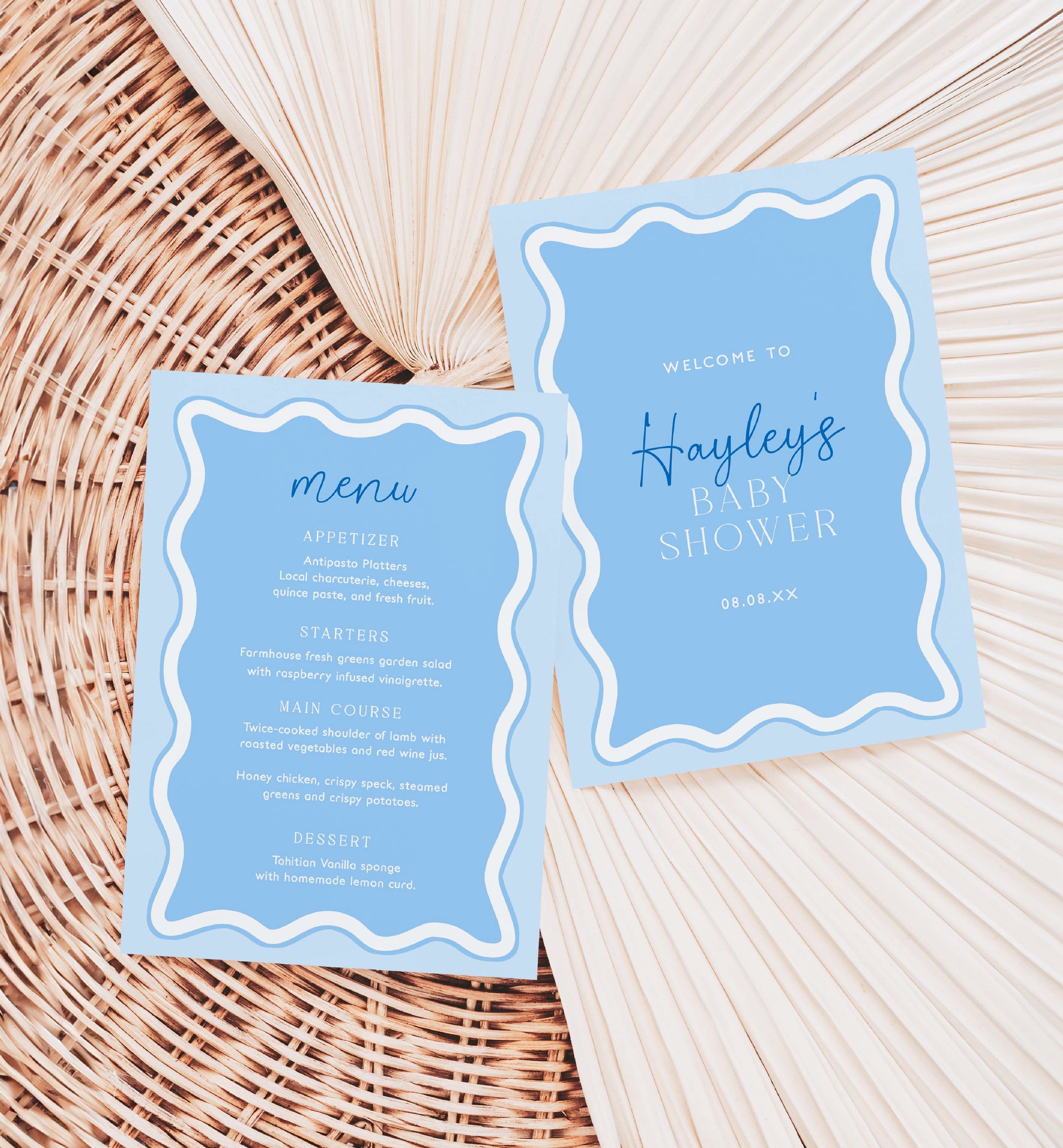 Editable Menu Template, Blue Baby Shower Table Menu, Printable Editable Baby Brunch Menu, Baby Boy Shower Menu, Modern Curvy Wave Line