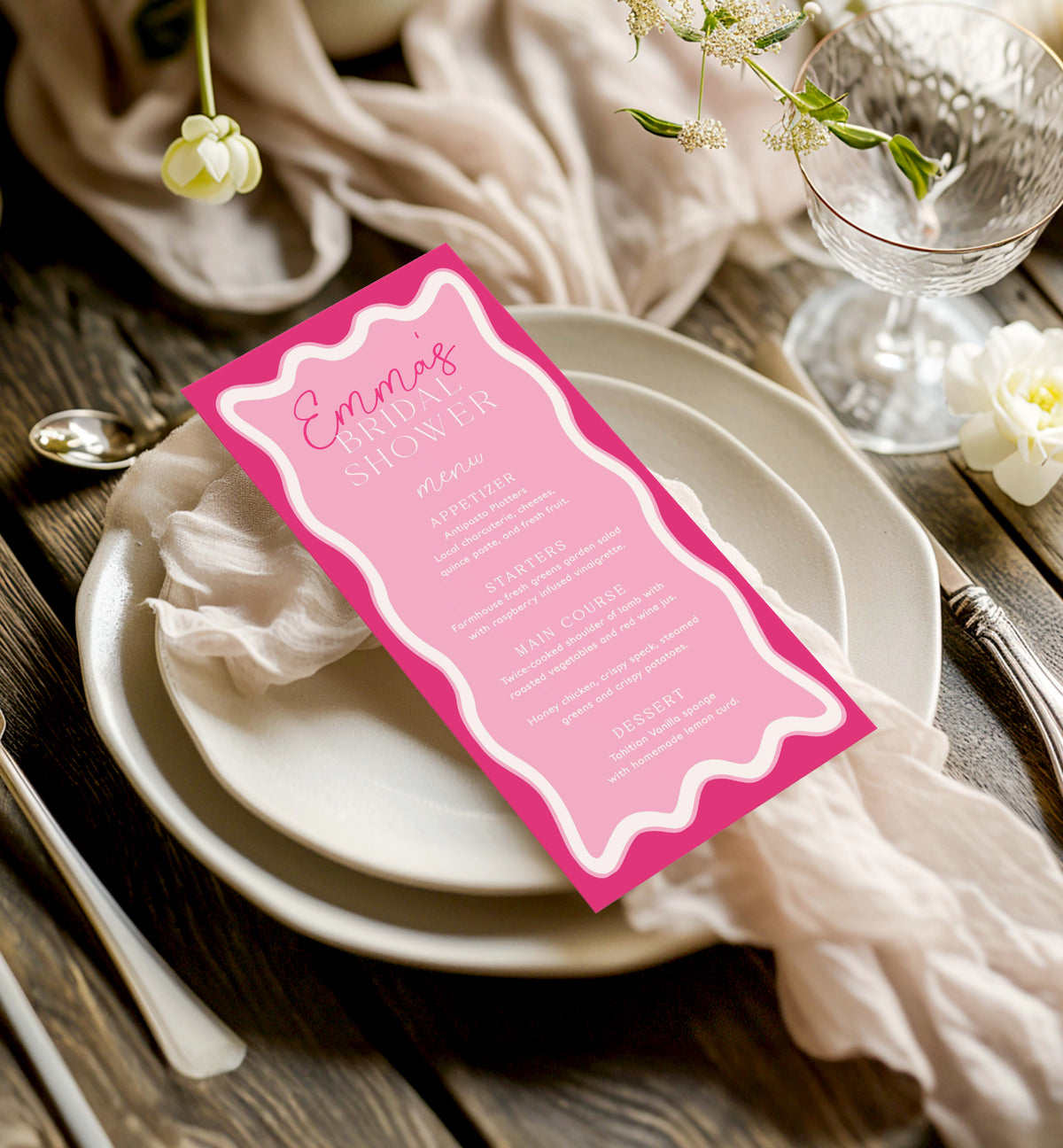 Wave Hot Pink| Printable Menu Template – Black Bow Studio