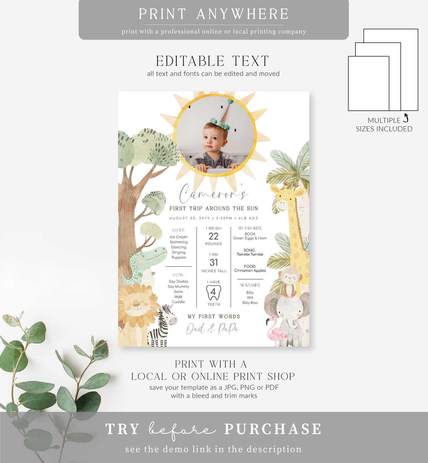Nyala Safari | Printable First Birthday Milestone Sign Template