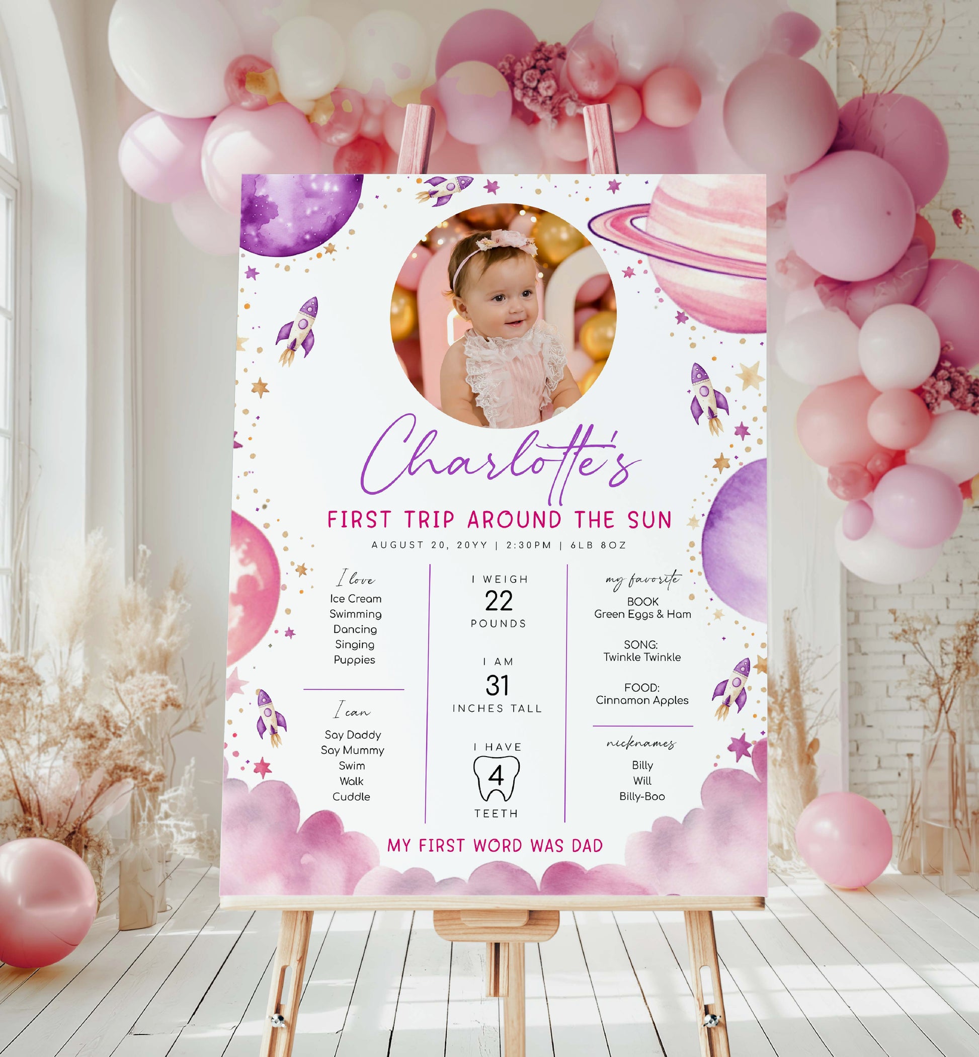 First Birthday Milestone Board, First Trip Around The Sun, Purple Pink, Printable Baby First Year Poster, 12 Months Milestone Photo Banner, Outer Space
