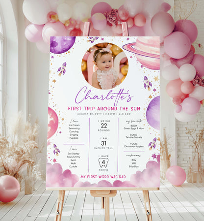 First Birthday Milestone Board, First Trip Around The Sun, Purple Pink, Printable Baby First Year Poster, 12 Months Milestone Photo Banner, Outer Space