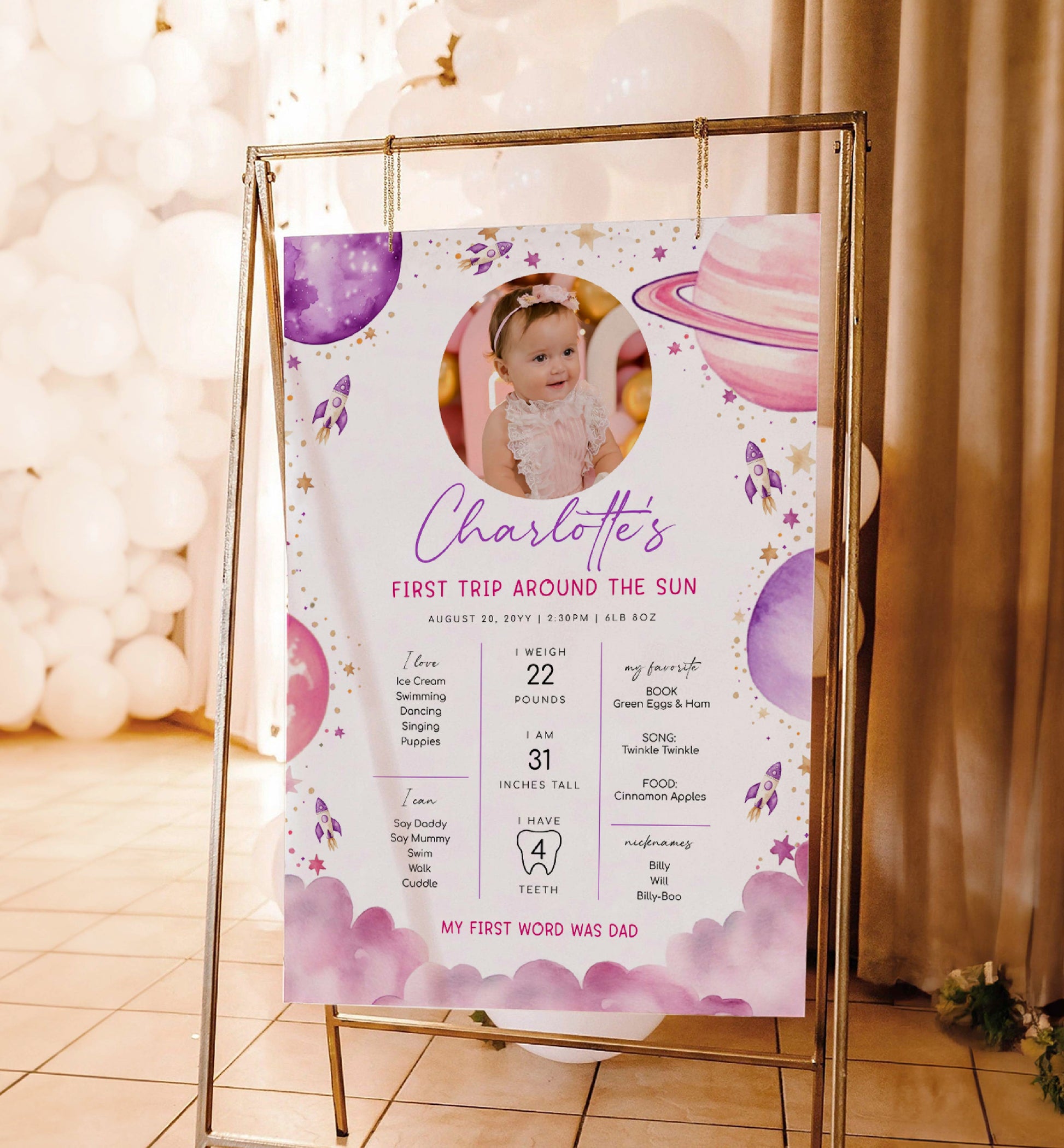 First Birthday Milestone Board, First Trip Around The Sun, Purple Pink, Printable Baby First Year Poster, 12 Months Milestone Photo Banner, Outer Space
