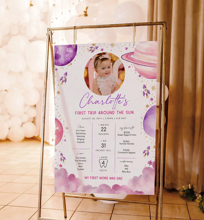 First Birthday Milestone Board, First Trip Around The Sun, Purple Pink, Printable Baby First Year Poster, 12 Months Milestone Photo Banner, Outer Space