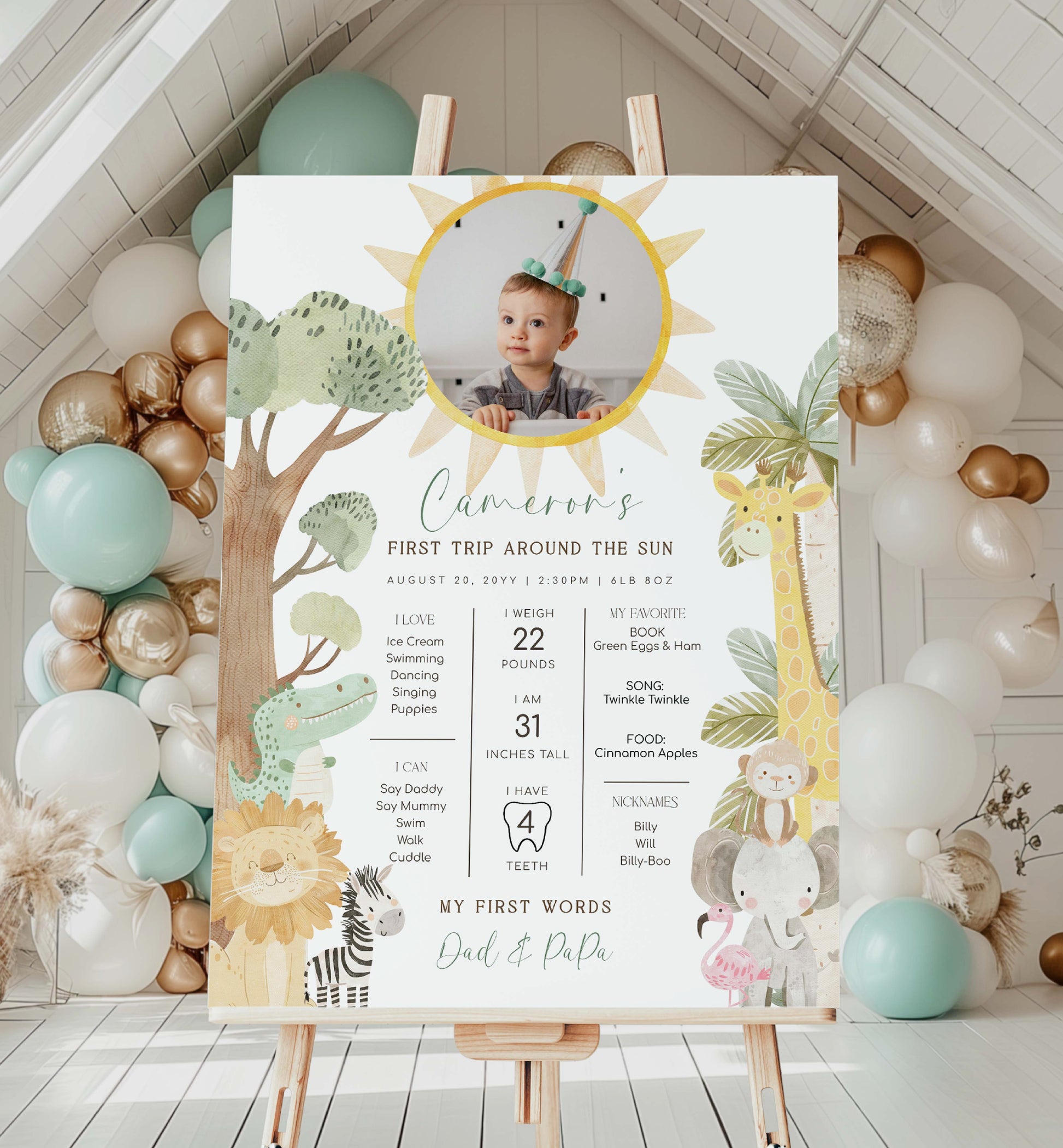 Safari Photo First Birthday Milestone Board, Printable Baby's First Year Milestone Poster, 1st Birthday 12 Month Milestone Photo Sign, Nyala
