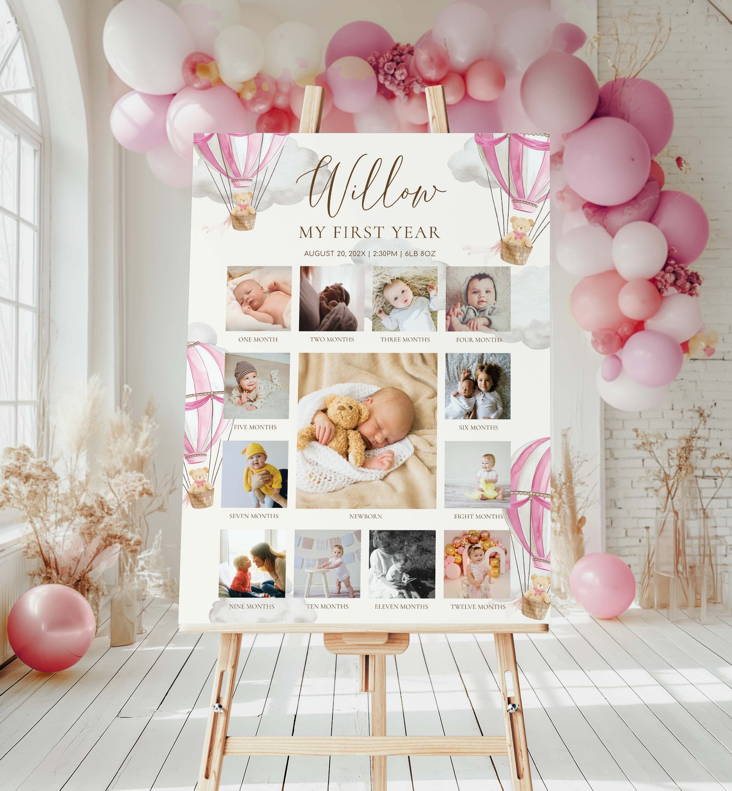 Collage of baby photos on a stand with pink balloons and decorations in the background. Beary First Birthday Photo Timeline Sign, Pink Teddy Bear Printable Girl 1st Birthday Photo Poster, First Year Photo Collage, Photo Milestone Sign