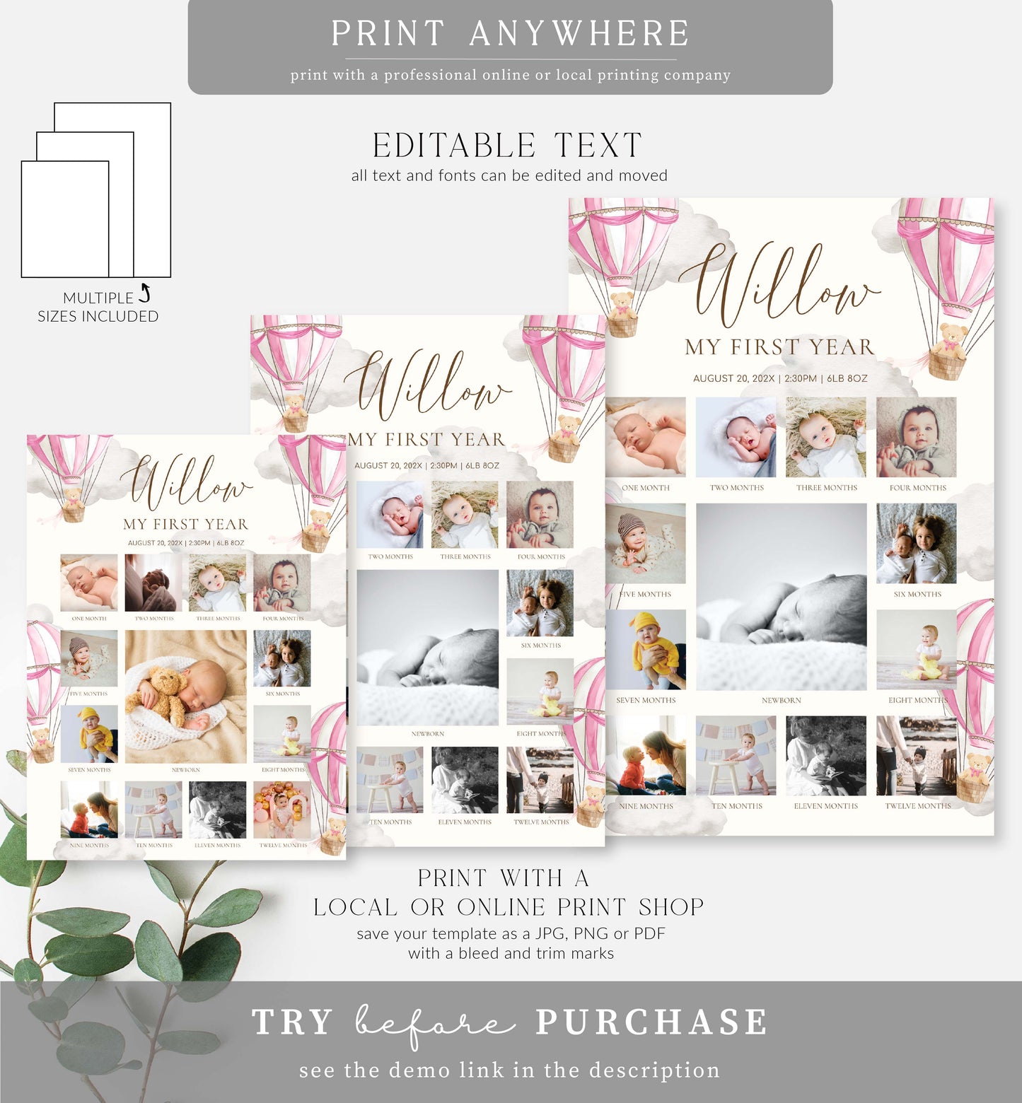 Beary First Pink | Printable My First Year Photo Timeline Sign Template