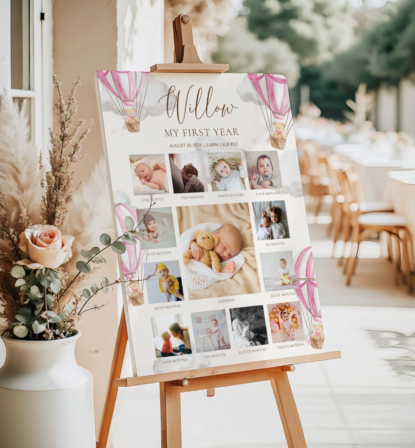Collage of baby photos on a decorative board with 'Willow My First Year' text, displayed outdoors. Beary First Birthday Photo Timeline Sign, Pink Teddy Bear Printable Girl 1st Birthday Photo Poster, First Year Photo Collage, Photo Milestone Sign