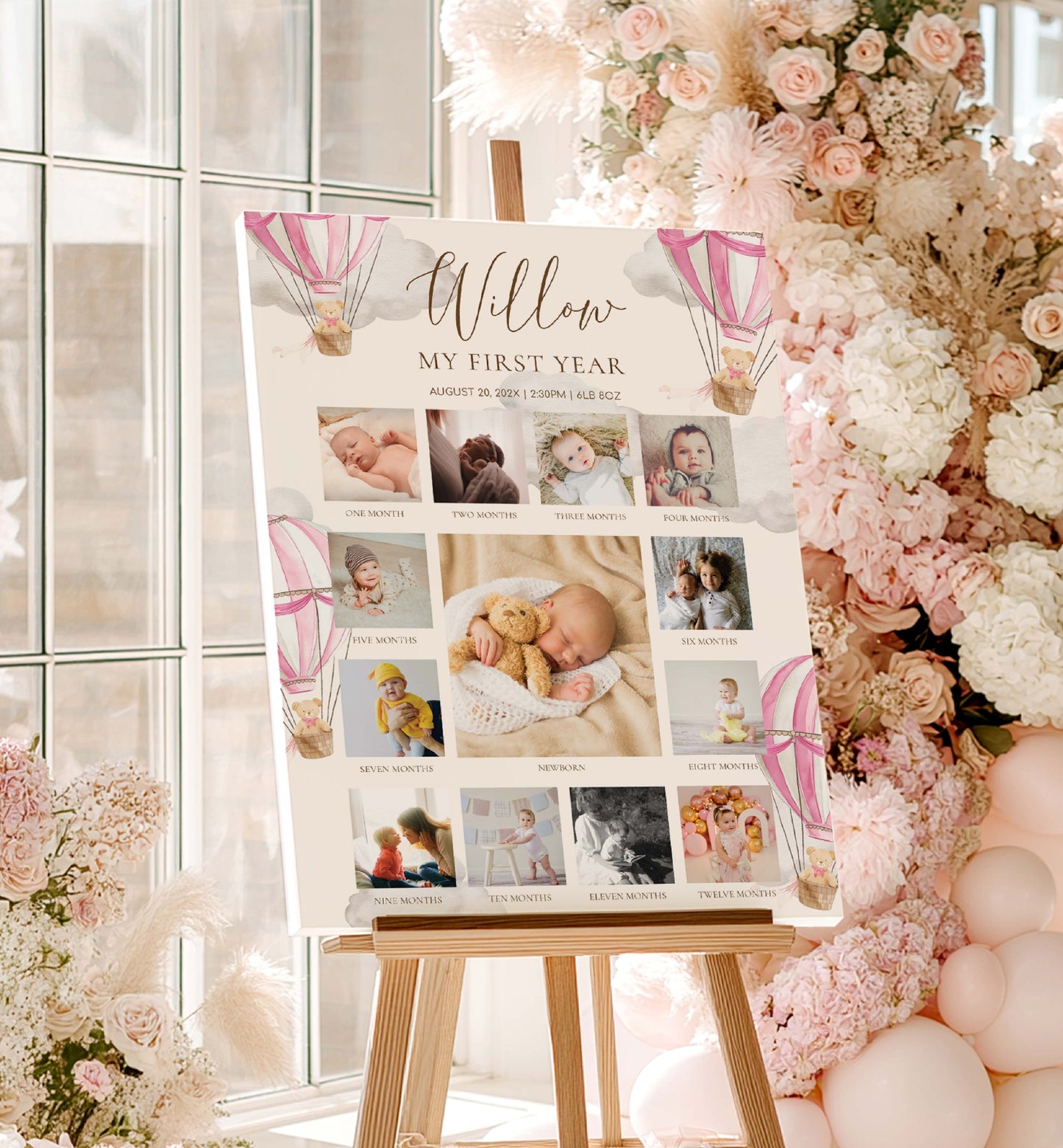 Collage of baby photos on a stand with floral and balloon decorations. Beary First Birthday Photo Timeline Sign, Pink Teddy Bear Printable Girl 1st Birthday Photo Poster, First Year Photo Collage, Photo Milestone Sign