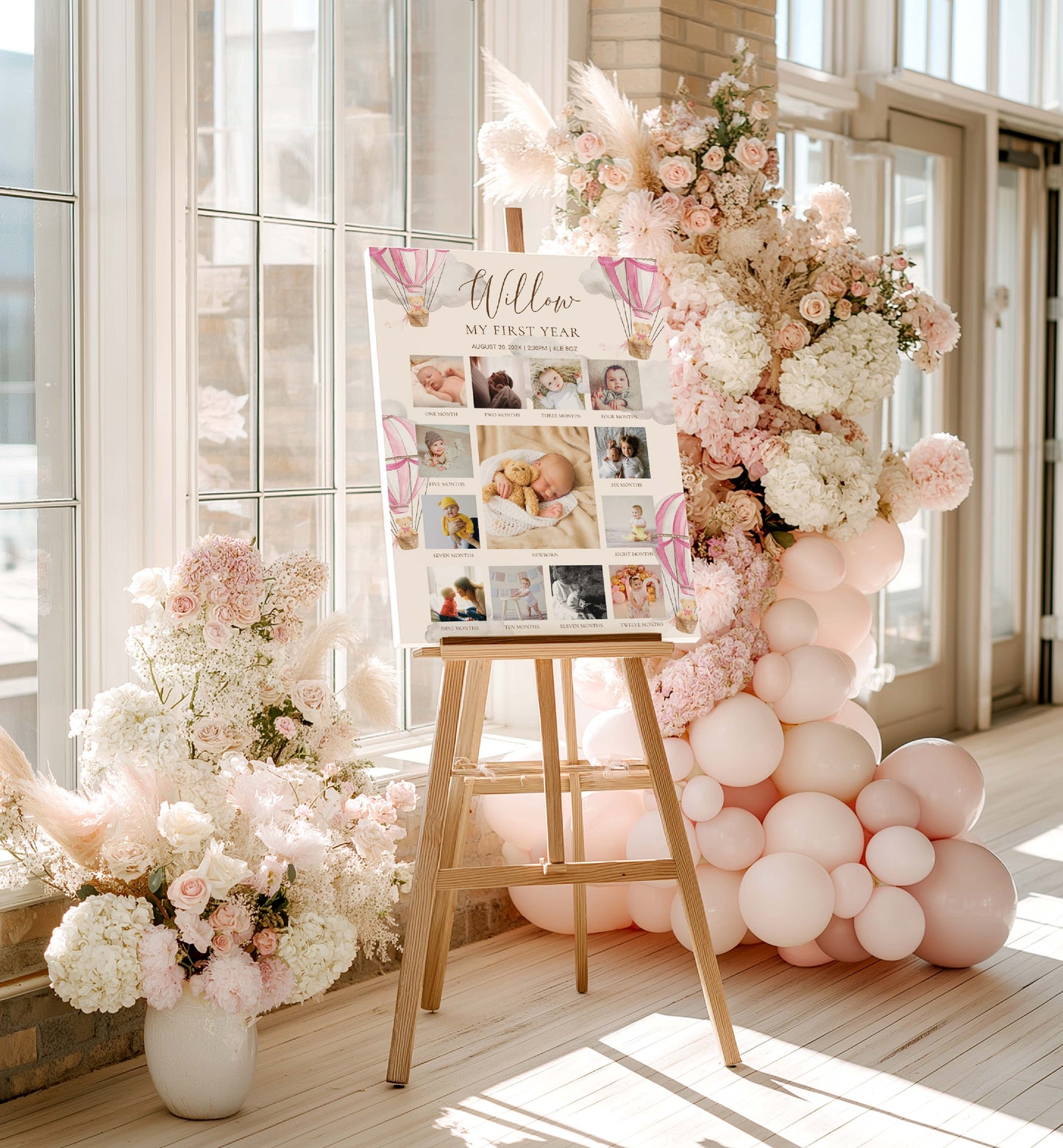 Decorative setup with flowers, balloons, and a photo display in a bright room. Beary First Birthday Photo Timeline Sign, Pink Teddy Bear Printable Girl 1st Birthday Photo Poster, First Year Photo Collage, Photo Milestone Sign