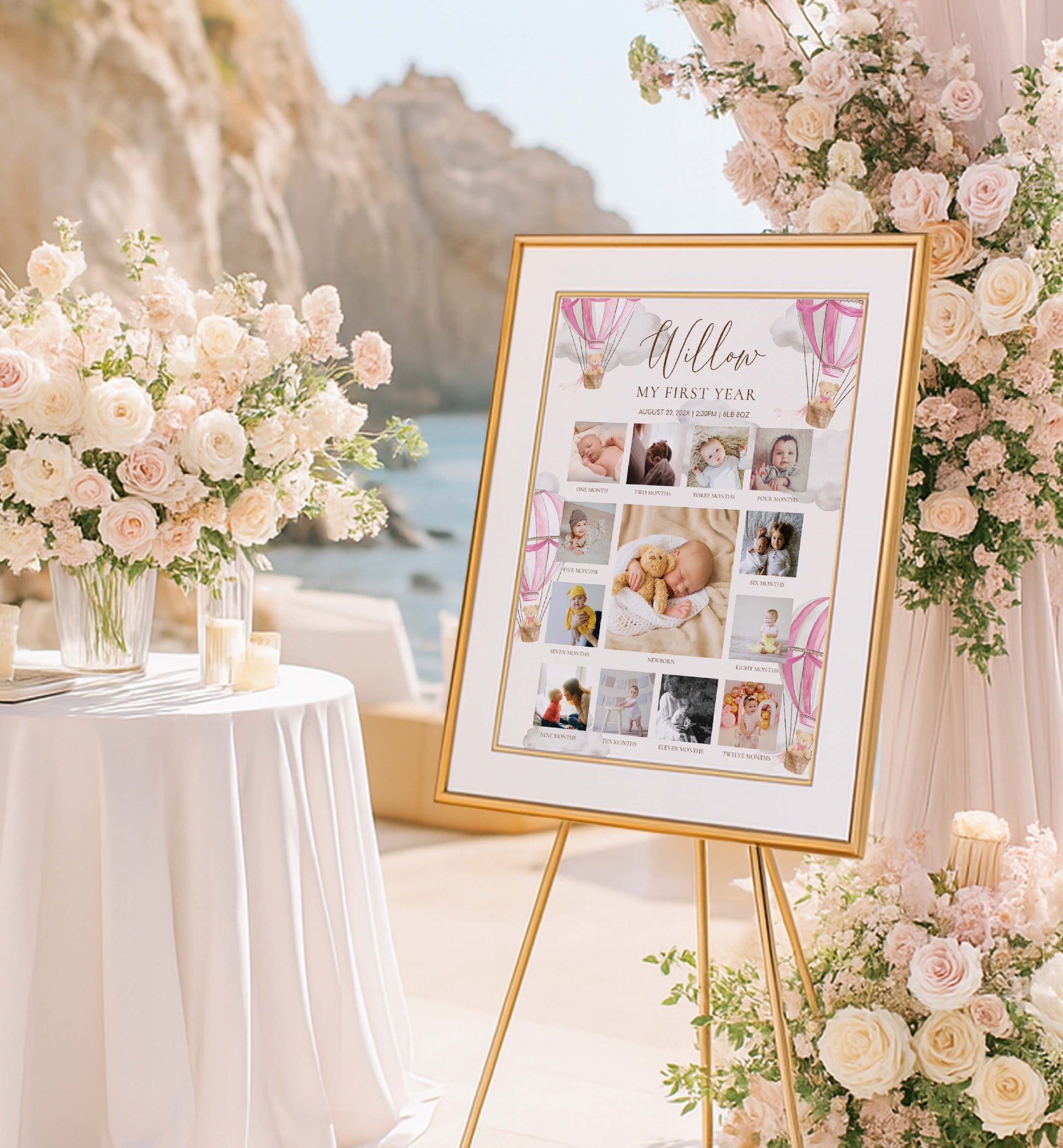 Framed collage of baby photos on an easel with floral decorations by a scenic location. Beary First Birthday Photo Timeline Sign, Pink Teddy Bear Printable Girl 1st Birthday Photo Poster, First Year Photo Collage, Photo Milestone Sign