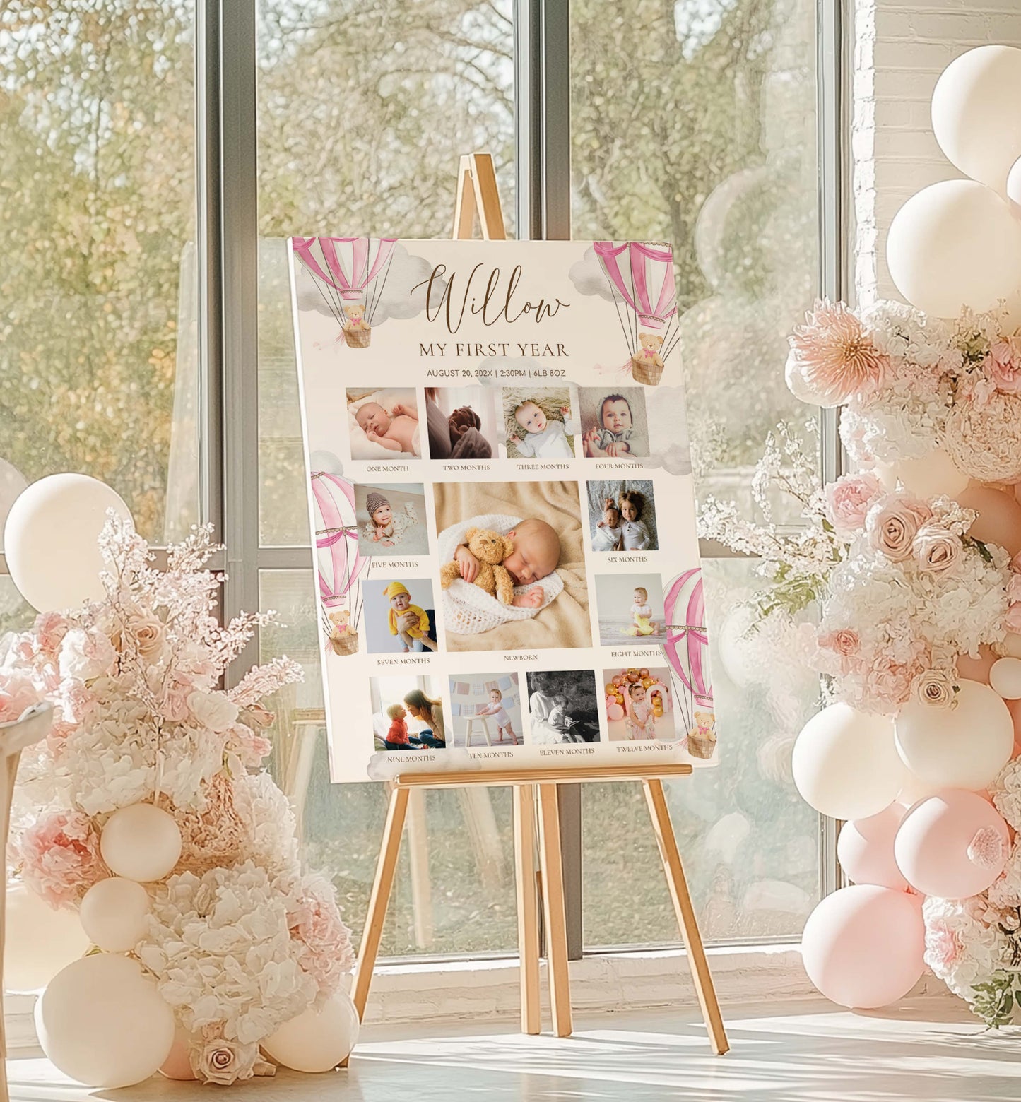 Collage of baby photos on an easel with decorative balloons and flowers in a room with large windows. Beary First Birthday Photo Timeline Sign, Pink Teddy Bear Printable Girl 1st Birthday Photo Poster, First Year Photo Collage, Photo Milestone Sign