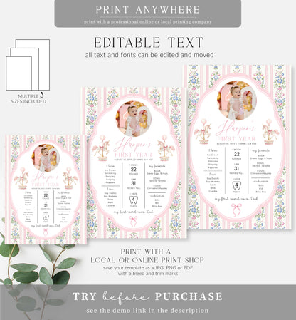Carousel Pink | Printable First Birthday Milestone Sign Template