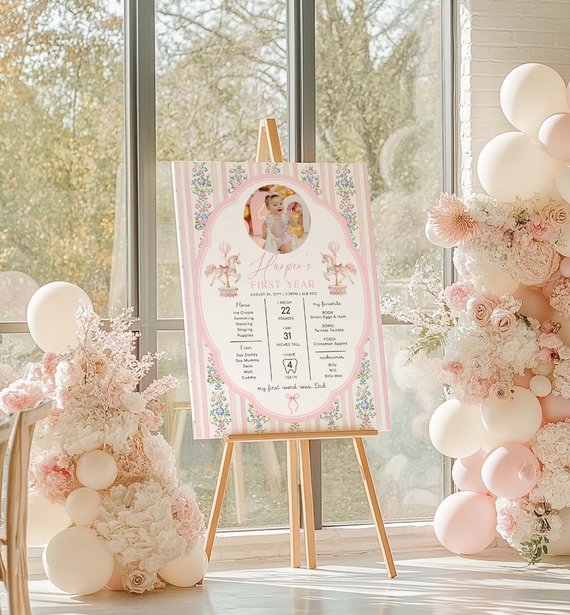 Decorative setup with floral arrangements, balloons, and a baby shower invitation card. Carousel 1st Birthday Milestone Board, Printable Baby's First Year Poster, 12 Months Milestone Photo Banner, Whimsical Vintage Circus Horse