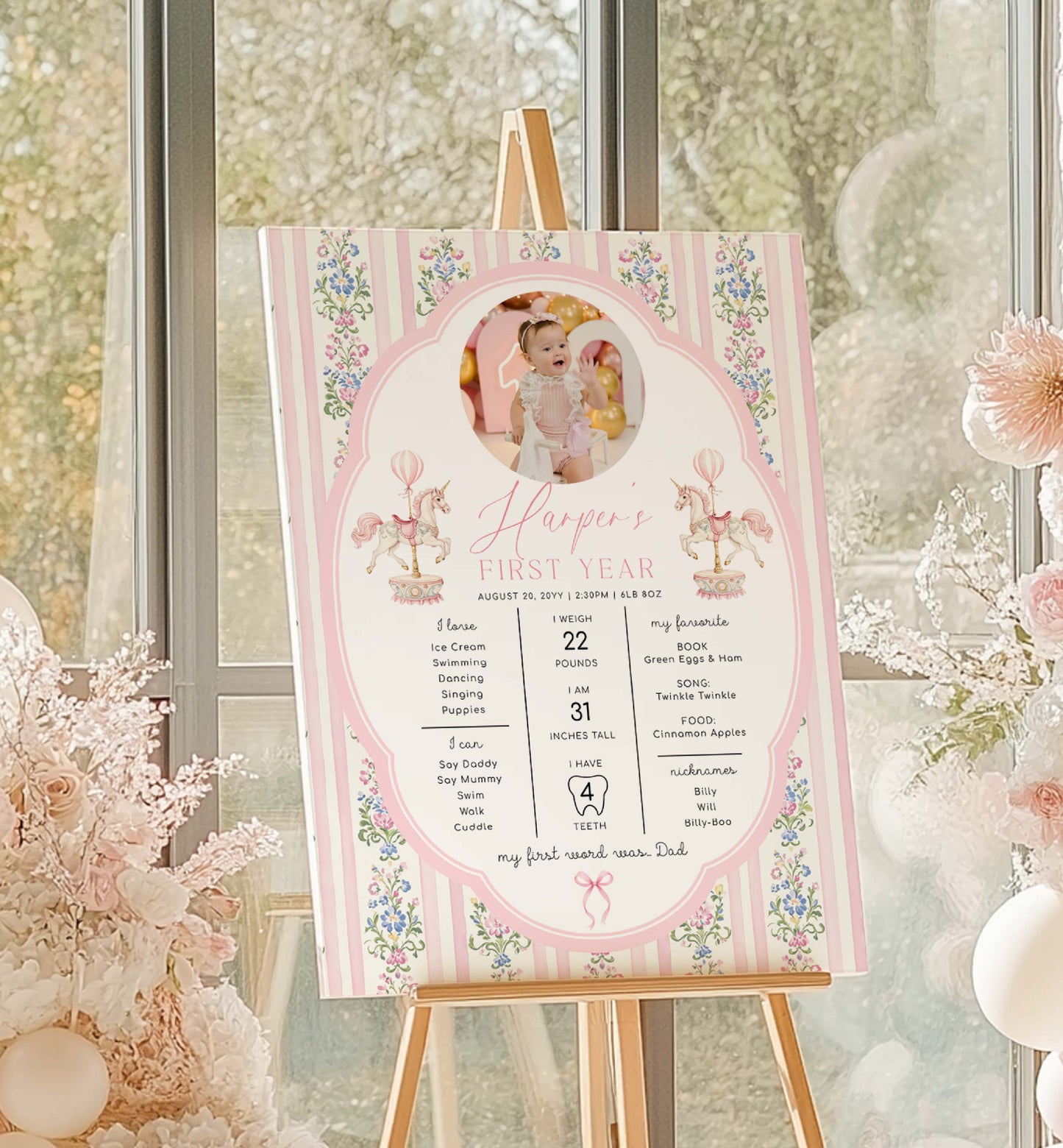 Decorative milestone sign for a child's first year on an easel with floral and ribbon design. Carousel 1st Birthday Milestone Board, Printable Baby's First Year Poster, 12 Months Milestone Photo Banner, Whimsical Vintage Circus Horse