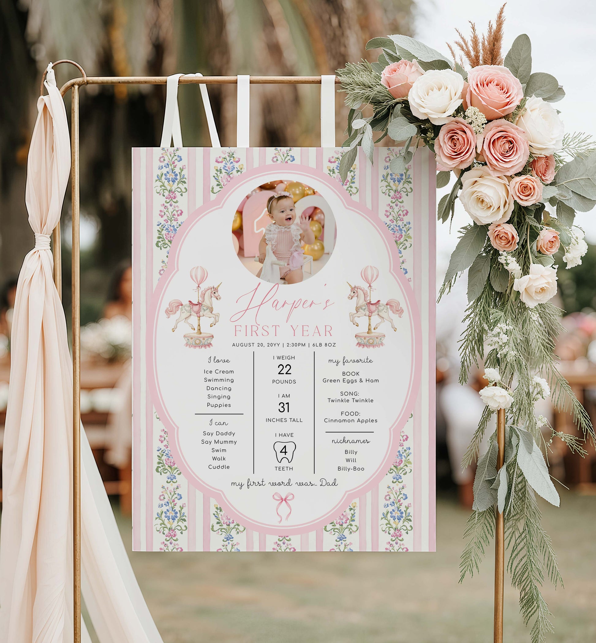 Decorative milestone sign for a baby's first year with floral elements and a photo of a baby. Carousel 1st Birthday Milestone Board, Printable Baby's First Year Poster, 12 Months Milestone Photo Banner, Whimsical Vintage Circus Horse