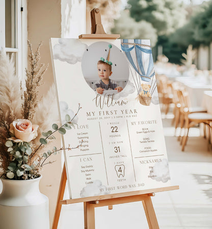 Baby milestone sign on an easel with a blurred outdoor setting. Printable Baby Milestone Board, Teddy Bear Beary First Birthday, Baby's First Year Poster, 1st Birthday 12 Months Milestone Photo Banner Sign