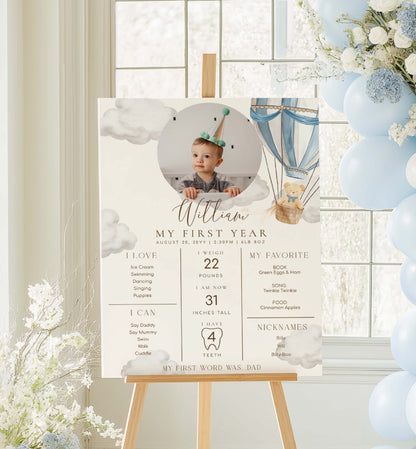 One-year-old milestone poster with balloons and flowers in a room. Printable Baby Milestone Board, Teddy Bear Beary First Birthday, Baby's First Year Poster, 1st Birthday 12 Months Milestone Photo Banner Sign