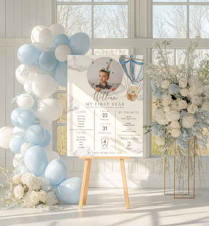 Decorative setup with balloons, flowers, and a photo of a child on an easel in a bright room. Printable Baby Milestone Board, Teddy Bear Beary First Birthday, Baby's First Year Poster, 1st Birthday 12 Months Milestone Photo Banner Sign