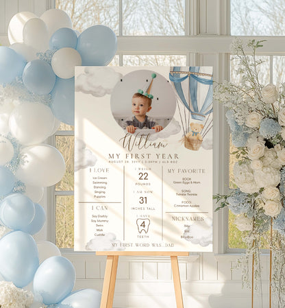 Baby milestone board with balloons and flowers in a decorative setting. Printable Baby Milestone Board, Teddy Bear Beary First Birthday, Baby's First Year Poster, 1st Birthday 12 Months Milestone Photo Banner Sign