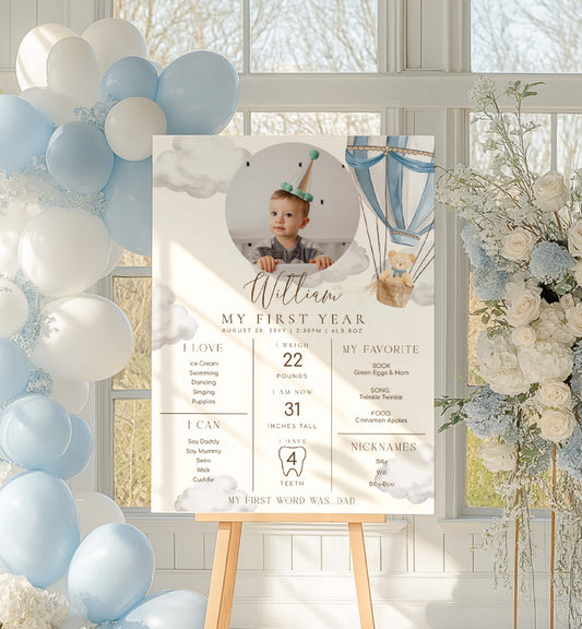 Baby milestone board with balloons and flowers in a decorative setting. Printable Baby Milestone Board, Teddy Bear Beary First Birthday, Baby's First Year Poster, 1st Birthday 12 Months Milestone Photo Banner Sign