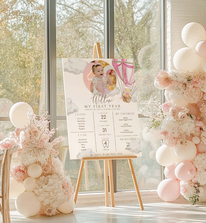 Decorative setup with balloons and a milestone card in front of a window. Printable Baby Milestone Board, Teddy Bear Beary First Birthday, Baby's First Year Poster, 1st Birthday 12 Months Milestone Photo Banner Sign