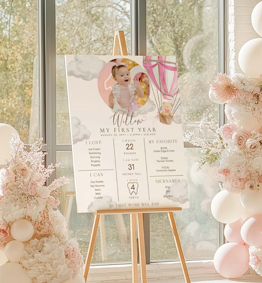 Baby milestone chart on an easel with decorative balloons and flowers in a room. Printable Baby Milestone Board, Teddy Bear Beary First Birthday, Baby's First Year Poster, 1st Birthday 12 Months Milestone Photo Banner Sign