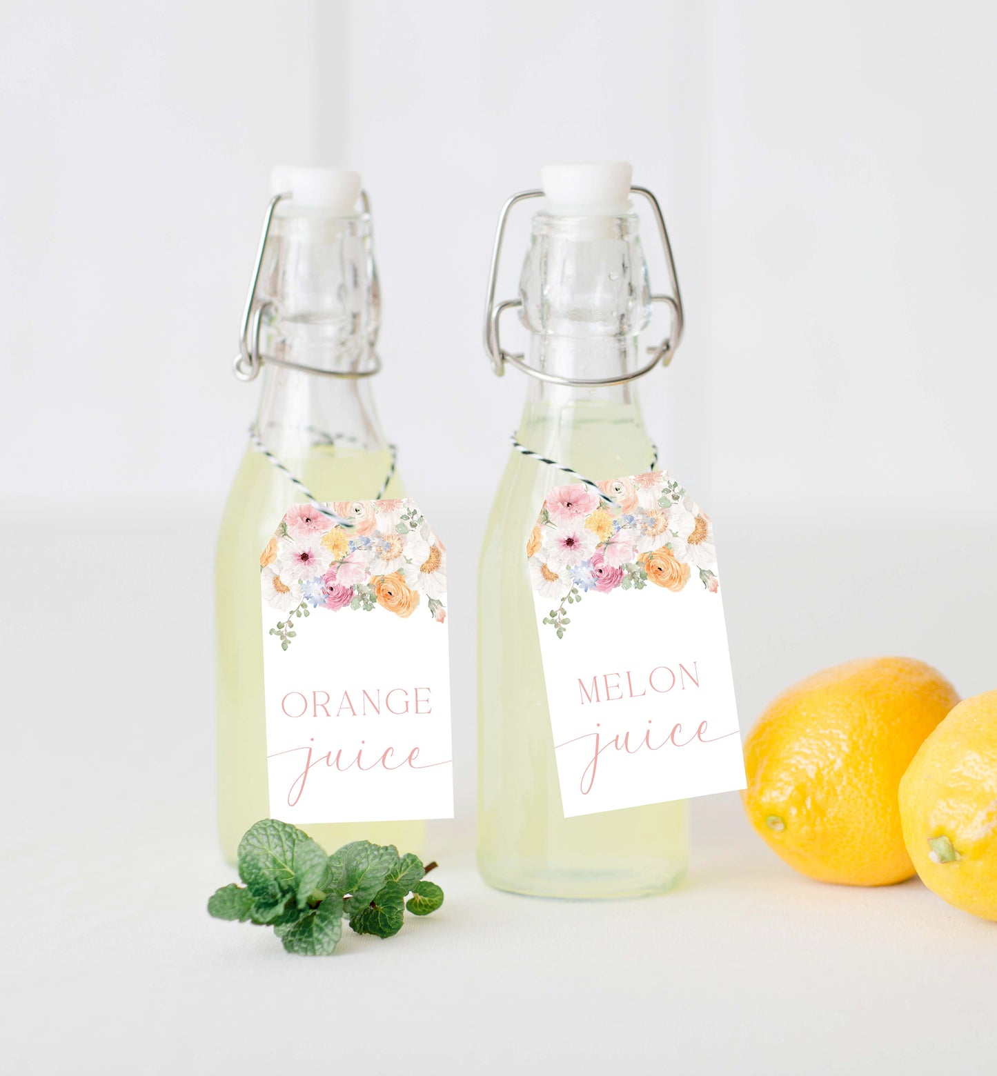 Millie Floral | Printable Mimosa Bar Sign and Juice Tags Template