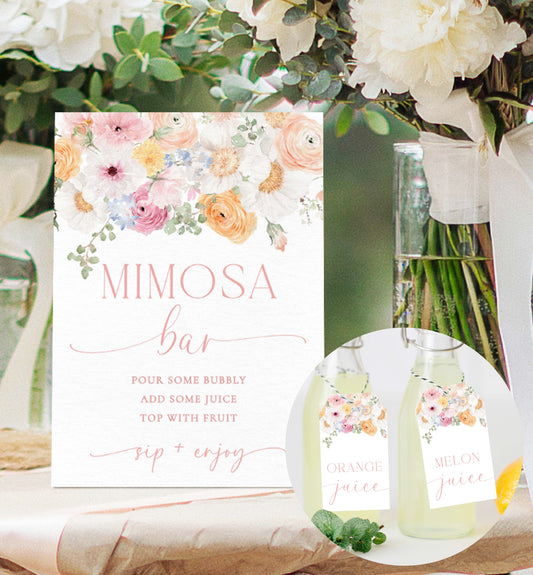 Wildflower Mimosa Bar Sign and Juice Tags, Printable Bridal Shower Cocktail Menu, Boho Floral Baby Shower Mimosa Bar Sign, Millie
