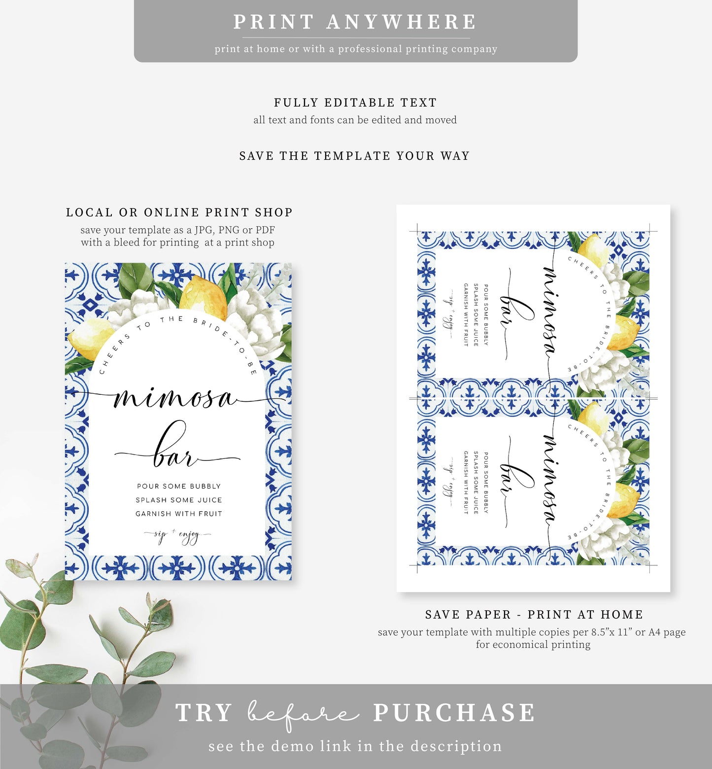 The Med Arch Lemons | Printable Mimosa Bar Sign and Juice Tags Template