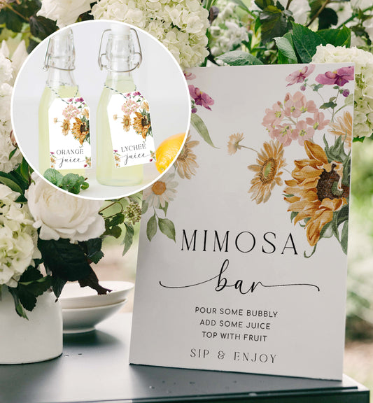 Mimosa Bar Sign and Juice Tags, Printable Sunflower Autumn Floral Bridal Shower Mimosa Bar Sign, Fall Baby Shower Mimosa Bar Sign, Mews